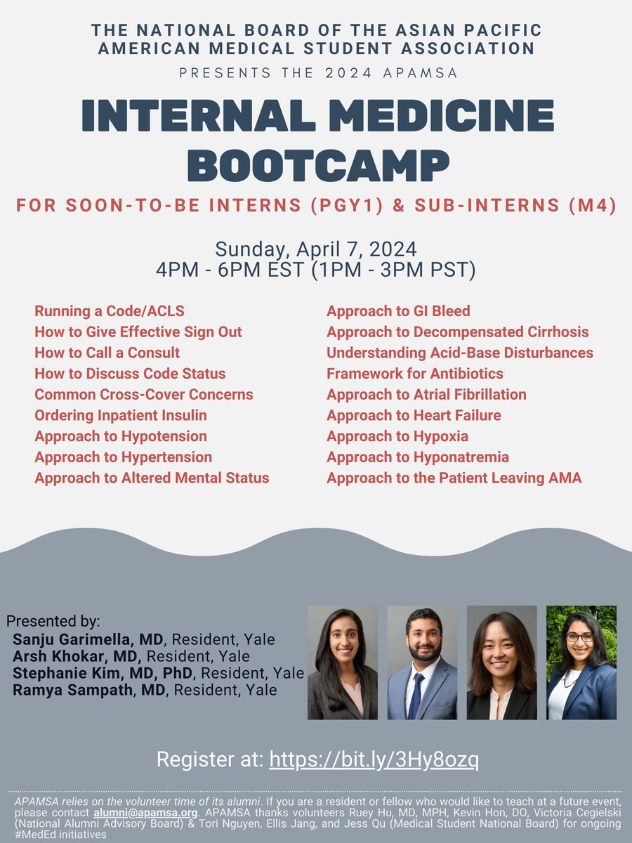 Rising interns #Match2024 and sub-interns in internal medicine #Match2025, interested in practical tips to approach common issues in internal medicine? Come listen to @TradIMYale residents Drs @SanjuGarimella @RamyaSampathMD @ArshKhokhar_med and Stephanie Kim @YaleIMed…