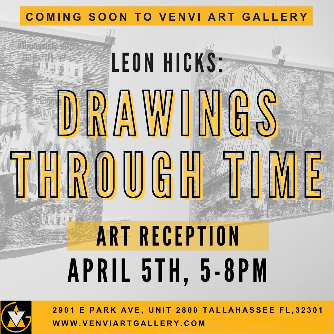 Join us on Friday, April 5th, from 5-8pm for one more art reception of Leon Hicks' 'Drawings Through Time' exhibition! Refreshments and charcuterie will be provided!

#florida #floridaartist #art #artists #artgallery
#tallahasseearts #artforsale #thingstodointallahassee