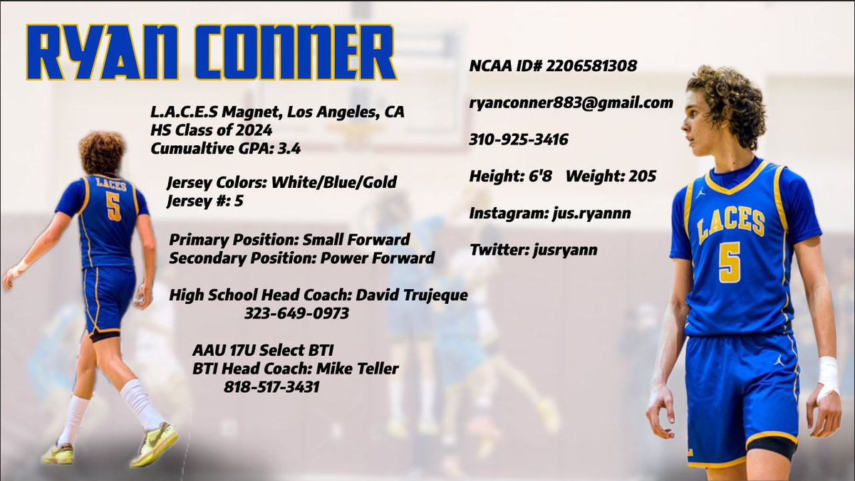 jusryann's tweet photo. Ryan Conner #5
- 3.4 GPA
- 6'8 205lbs
- Forward
- C/o 2024
- LA, California📍
- L.A.C.E.S Highschool
- AAU Team - BTI
Senior Highlights:
https://t.co/HJc5l0d2aO
Email: ryanconner883@gmail.com
@latsondheimer @LACESbasketball @PrepHoops @BeachCityHoops https://t.co/UDpTNk4sCs