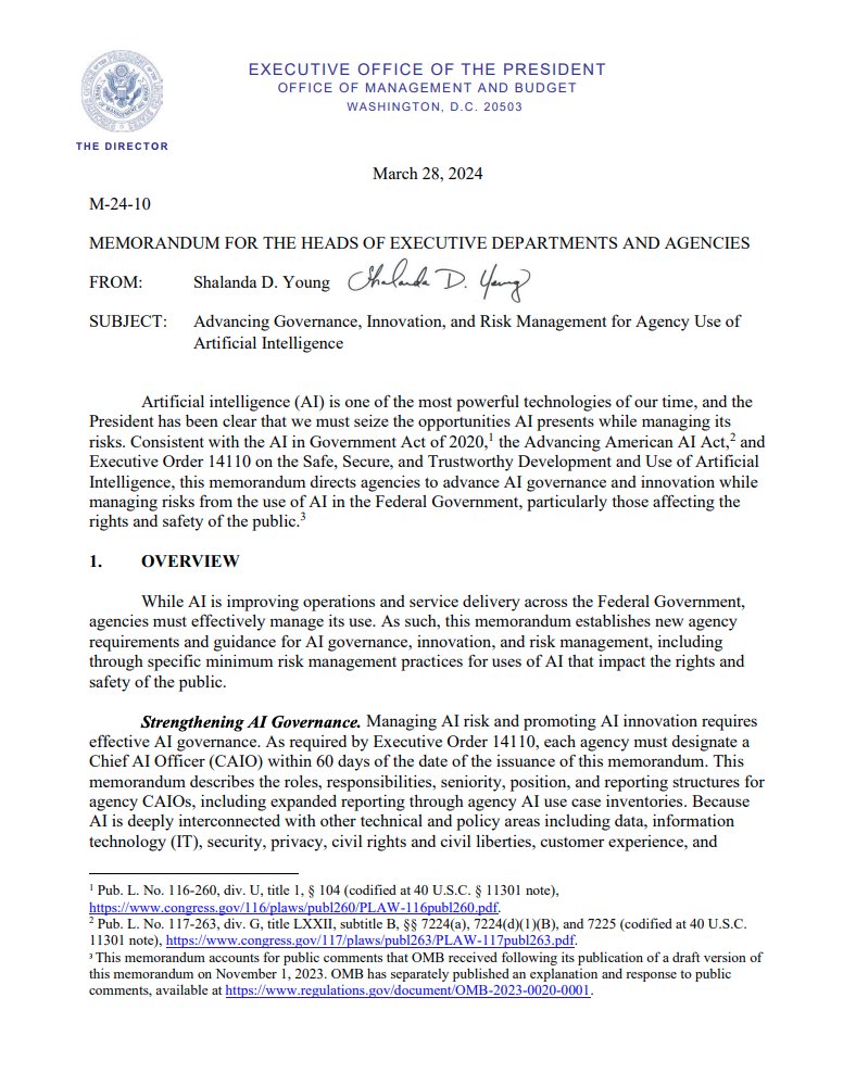 🚨BREAKING: The US Office of Management and Budget released a memorandum that requires government agencies to hire Chief AI Officers (CAIOs). They will be responsible for: ➵ Coordinating Agency Use of AI ➵ Promoting AI Innovation ➵ Managing Risks from the Use of AI ➡️CAIOs…