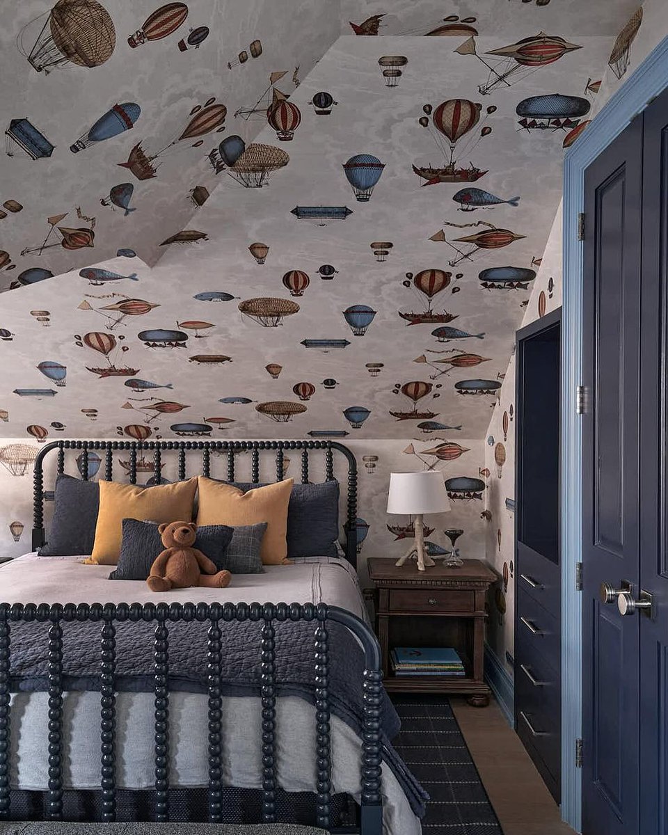 Infuse your bedroom with whimsy and wonder with the Macchine Volanti Wallcovering. Designer: Nat Penzo Photographer: Stephani Buchman Photo