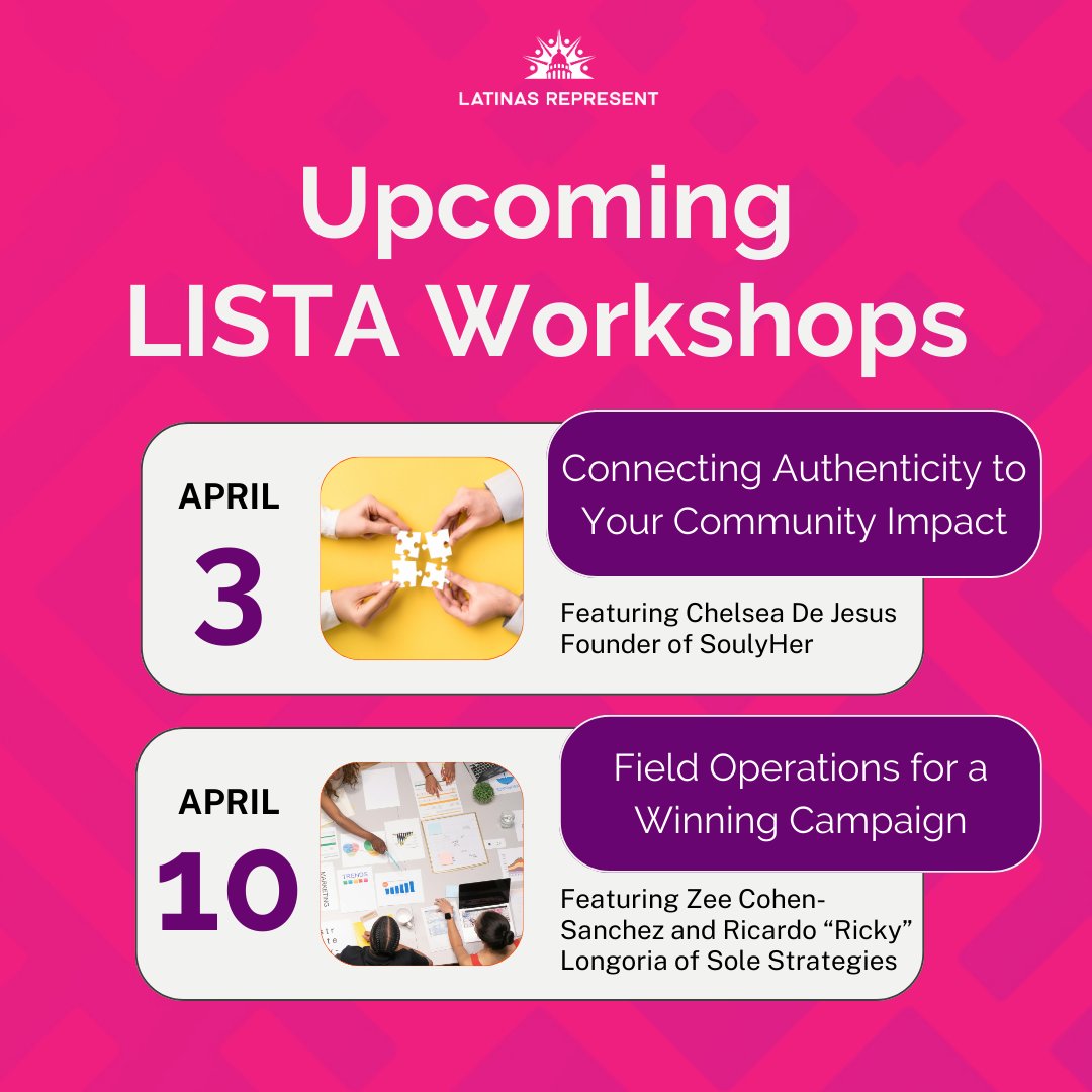 Are you interested in running for office? Do you want to grow your fundraising, organizing, and media skills? 📰 🎙️Don’t miss Latinas Represent’s LISTA Workshops this spring. Learn more and register at bit.ly/LR-LISTAworksh…. #LatinasRepresent #LISTAWorkshop @LatinasRep