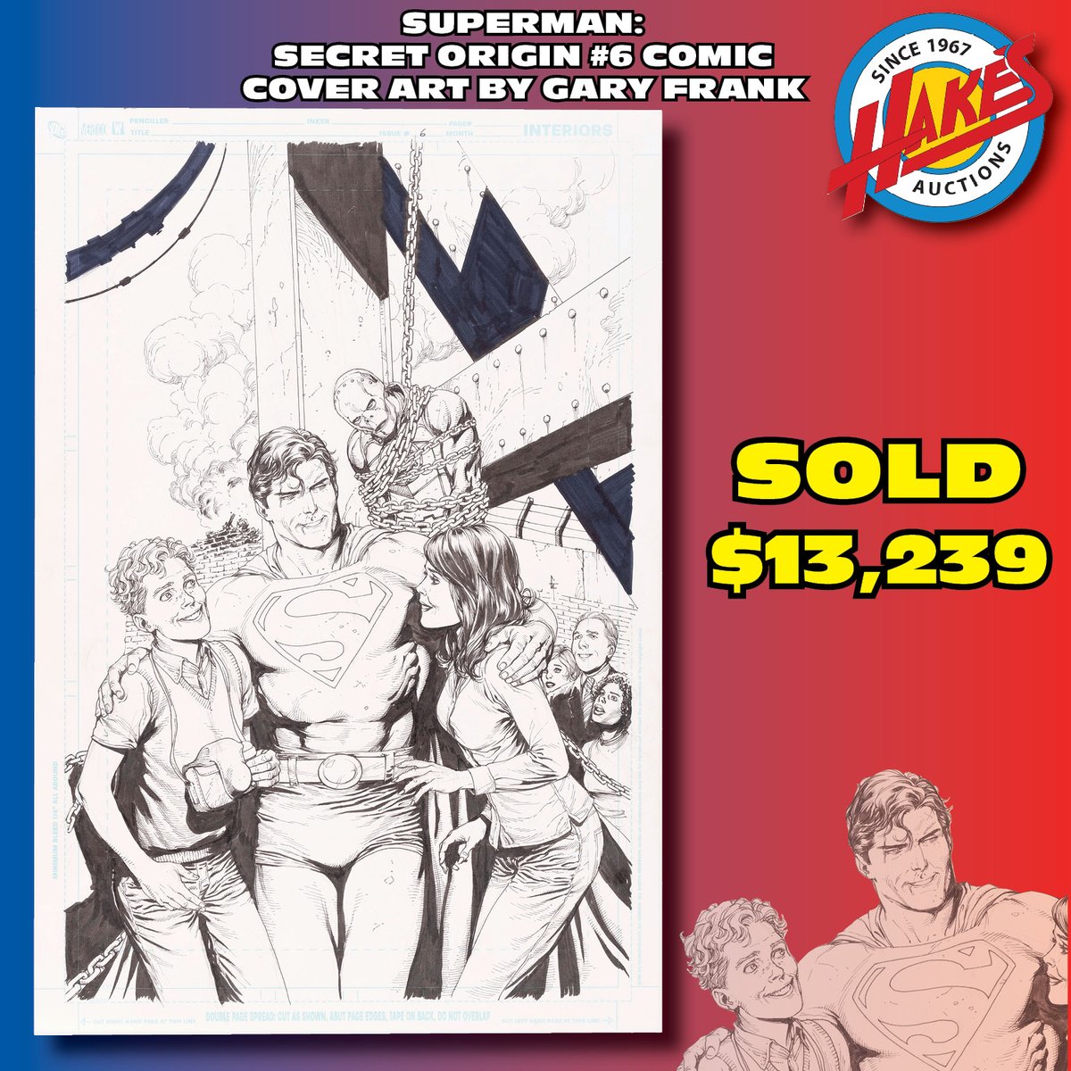 SOLD FOR $13,239! Superfans came out in force for Gary Frank's @Superman: Secret Origin #6 cover art, featuring Big Blue with Jimmy Olsen & Lois Lane, Metallo defeated in the background. Contact Hake's to sell your comic art today! 🎨🎨🎨
#Superman #GaryFrank #comicart #collector