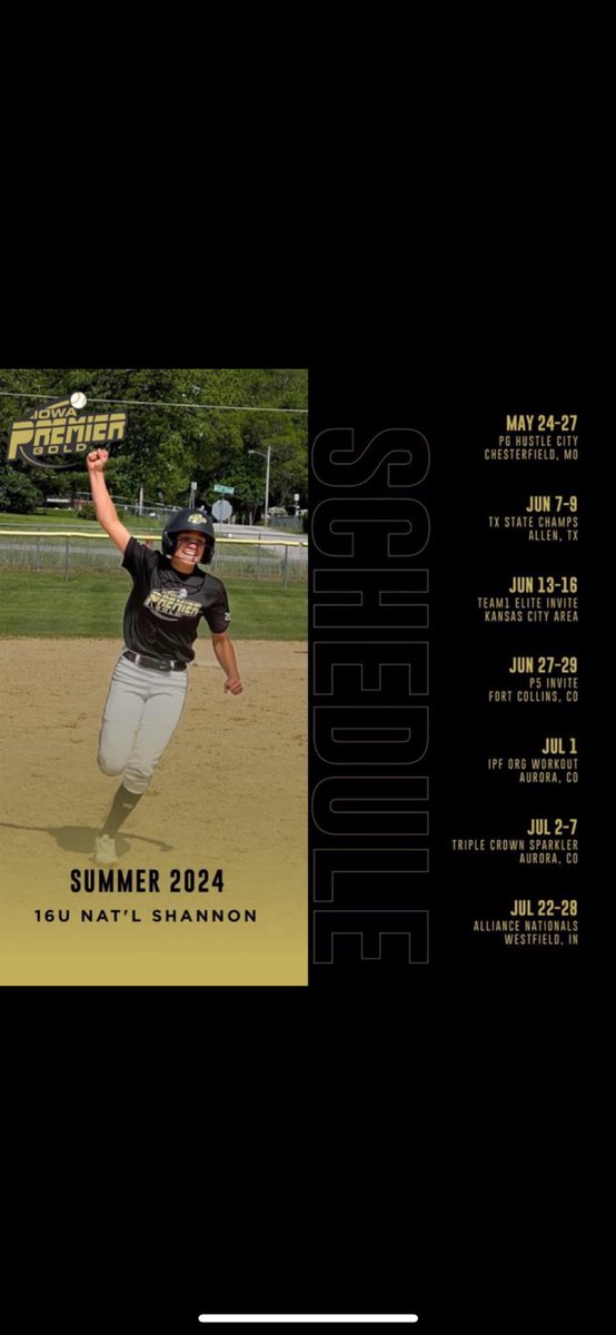 Schedules out! Can’t wait to be back with my girls this summer!! <a href="/IowaPremierFP/">Iowa Premier Fastpitch</a> <a href="/PaigeShannonIPF/">Paige Shannon</a>