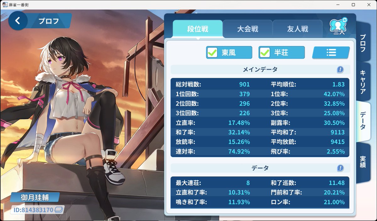 kimittsu's tweet photo. 一番街で900戦（三麻）やった戦績はこちら https://t.co/dckyiO7GZt