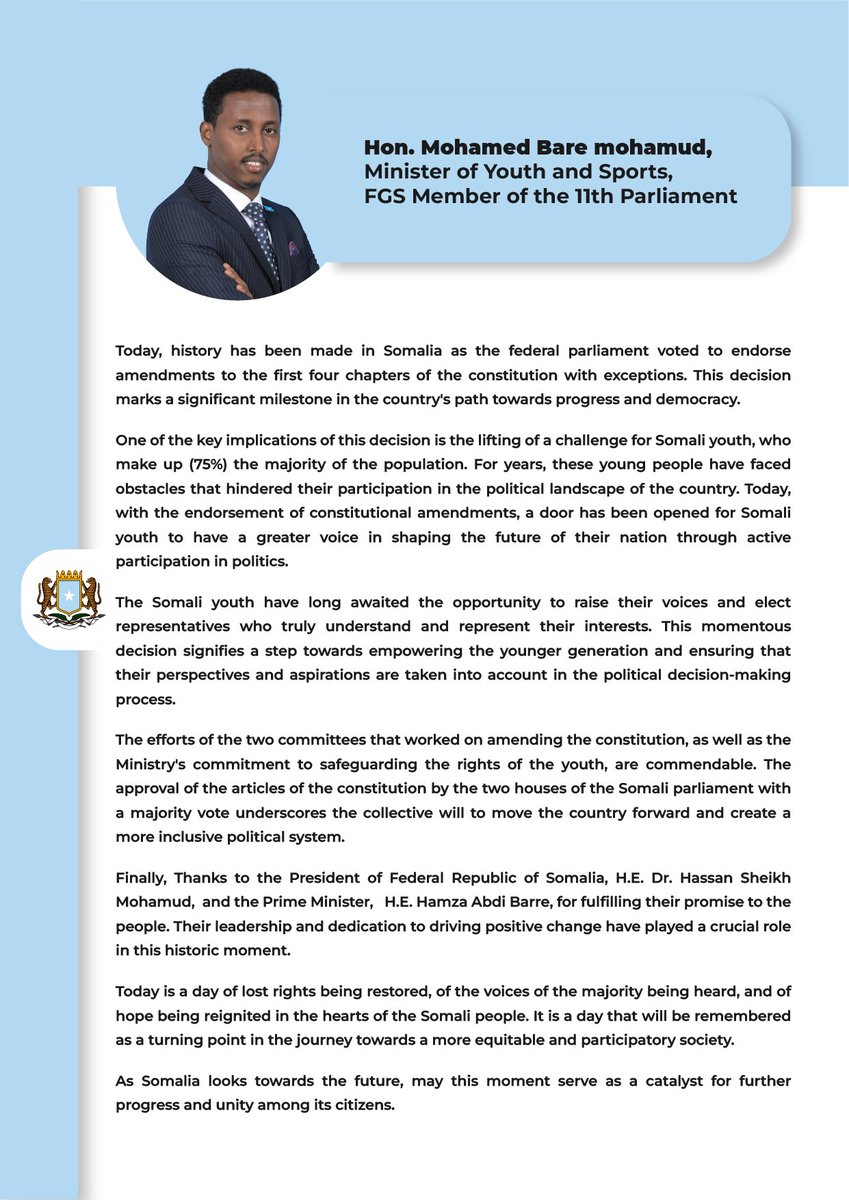 Mohamed Bare Mohamud (@mobaremohamud) on Twitter photo Today, history has been made in #Somalia as the federal parliament voted to endorse amendments to the first four chapters of the constitution with exceptions. This decision marks a significant milestone in the country's path towards progress and democracy.
<a href="/Golaha_shac_JFS/">Golaha Shacabka BJFS</a> Today, history has been made in #Somalia as the federal parliament voted to endorse amendments to the first four chapters of the constitution with exceptions. This decision marks a significant milestone in the country's path towards progress and democracy.
<a href="/Golaha_shac_JFS/">Golaha Shacabka BJFS</a>
