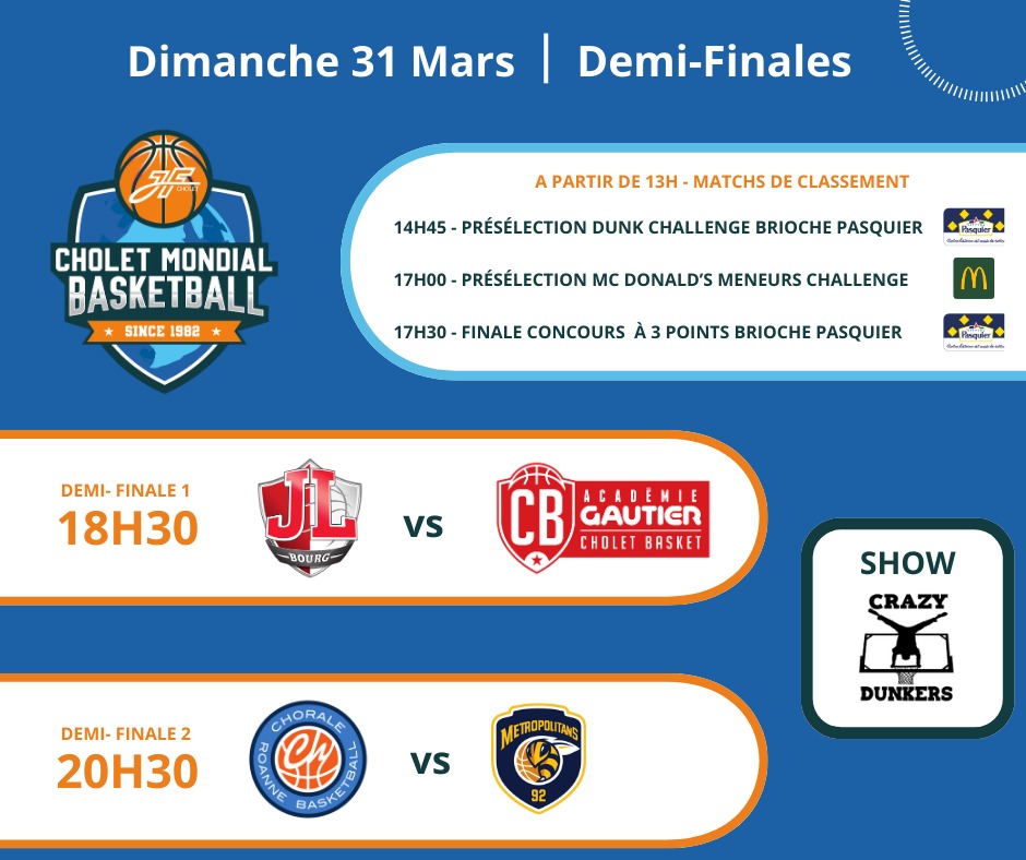 Le programme de demain (dimanche) au @choletmondial ! Rendez-vous pour les demi-finales mais aussi la finale du concours à 3 points, les crazy dunkers et bien plus encore ! #CholetMondialBasketball