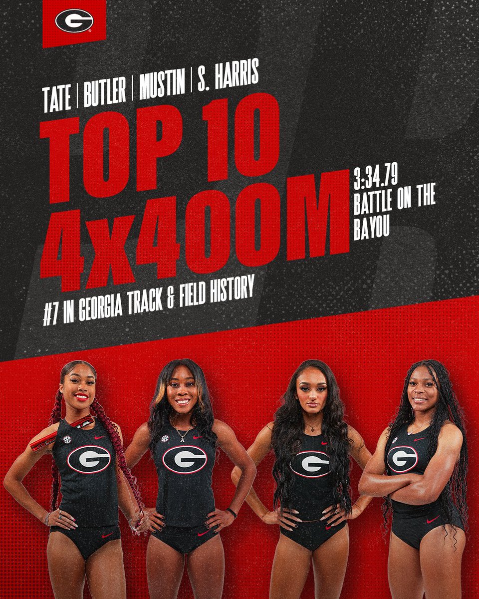 Tate, Butler, Mustin, and S. Harris soar into the record books with a time of 3:34.79 in the 4x400m relay (No. 7 in school history) for fourth place at the Battle on the Bayou 🤩 #GoDawgs