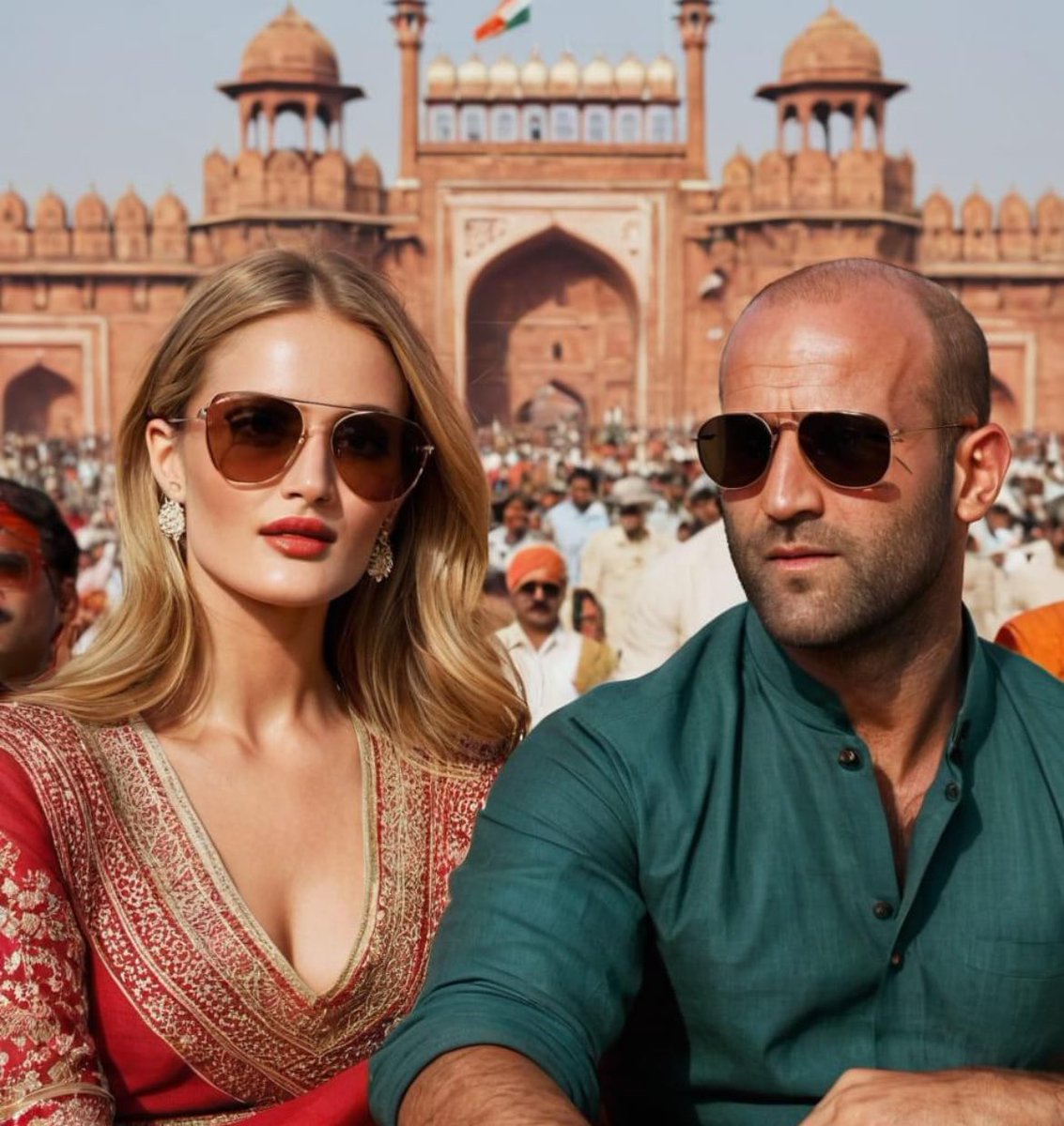 Hollywood actor #JasonStatham with his girlfriend #RosieHuntingtonWhiteley at #LalQuila, #NewDelhi, #India 🇮🇳