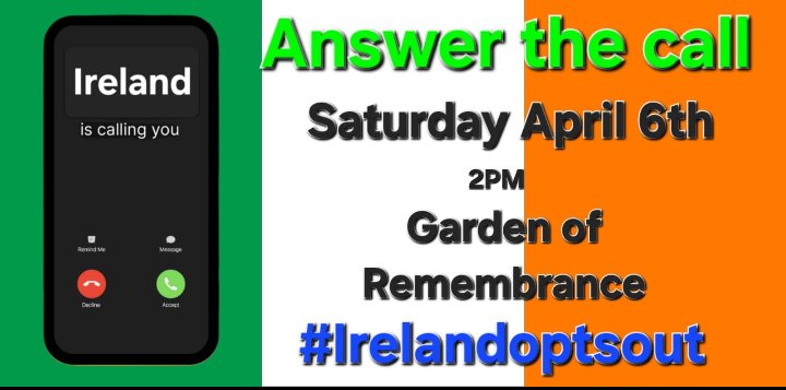 FergusPower1's tweet photo. 🚨 éiRe SUMMONS ALL HER SONS &amp; DAUGHTERS TO HER FLAG 🇮🇪

PLEASE JOIN OTHER LIKE MINDED PATRIOTIC IRISH MEN &amp; WOMEN NEXT SAT - GARDEN OF REMEMBRANCE @ 2PM 🇮🇪

KEEP THE PRESSURE UP ON THE CRIMINAL CARTEL IN THE DAIL 🇮🇪

BRING YOUR 🇮🇪🇮🇪 ANSWER HER CALL &amp; LET YOUR VOICES BE HEARD 🇮🇪 https://t.co/ak76epLeze