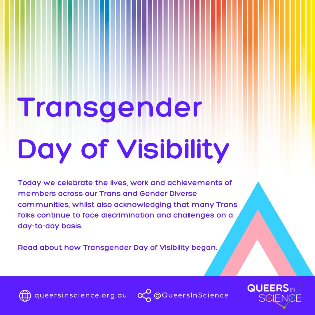 Happy Transgender Day of Visibility!🏳️‍⚧️ Today we celebrate our wonderful Trans & Gender Diverse communities & acknowledge that there are still many challenges that we face daily. To begin the day, read about how #TDoV started: 19thnews.org/2021/03/histor… #TransInSTEM #QueerInSTEM