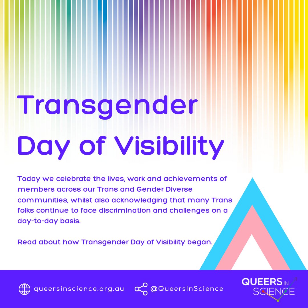 Happy Transgender Day of Visibility!🏳️‍⚧️

Today we celebrate our wonderful Trans &amp; Gender Diverse communities &amp; acknowledge that there are still many challenges that we face daily. 

To begin the day, read about how #TDoV started: 19thnews.org/2021/03/histor…

#TransInSTEM #QueerInSTEM