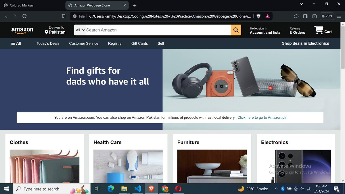 SyntaxSam405's tweet image. Day 11:
Completed a very basic clone of Amazon using only HTML and CSS. Utilized fundamental concepts of HTML and CSS for this project. Feeling confident I am now considering new projects. Do you have any suggestions?&quot;

#webdevelopment 
#CSS 
#HTML 
#100daysofcodechallenge