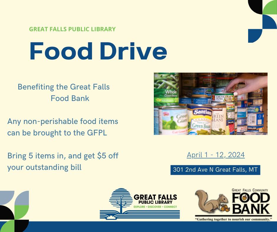 Starting Monday, <a href="/GreatFallsLib/">Great Falls Library</a> is hosting a food drive! You can drop off non-perishable foods until April 12 at bins to the left of the first-floor circulation desk. Thank you to our amazing library and generous donors - you make ours a better community! ❤️