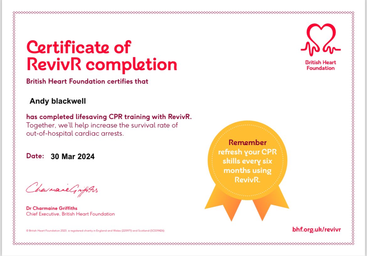 The last training I did on this topic was whilst at @VirginAtlantic with the incredible Linda Porter and her team. I thought it was about time I refreshed my knowledge! The @the_bhf RevivR course is excellent. Takes just 15 minutes. revivr.bhf.org.uk #bhf