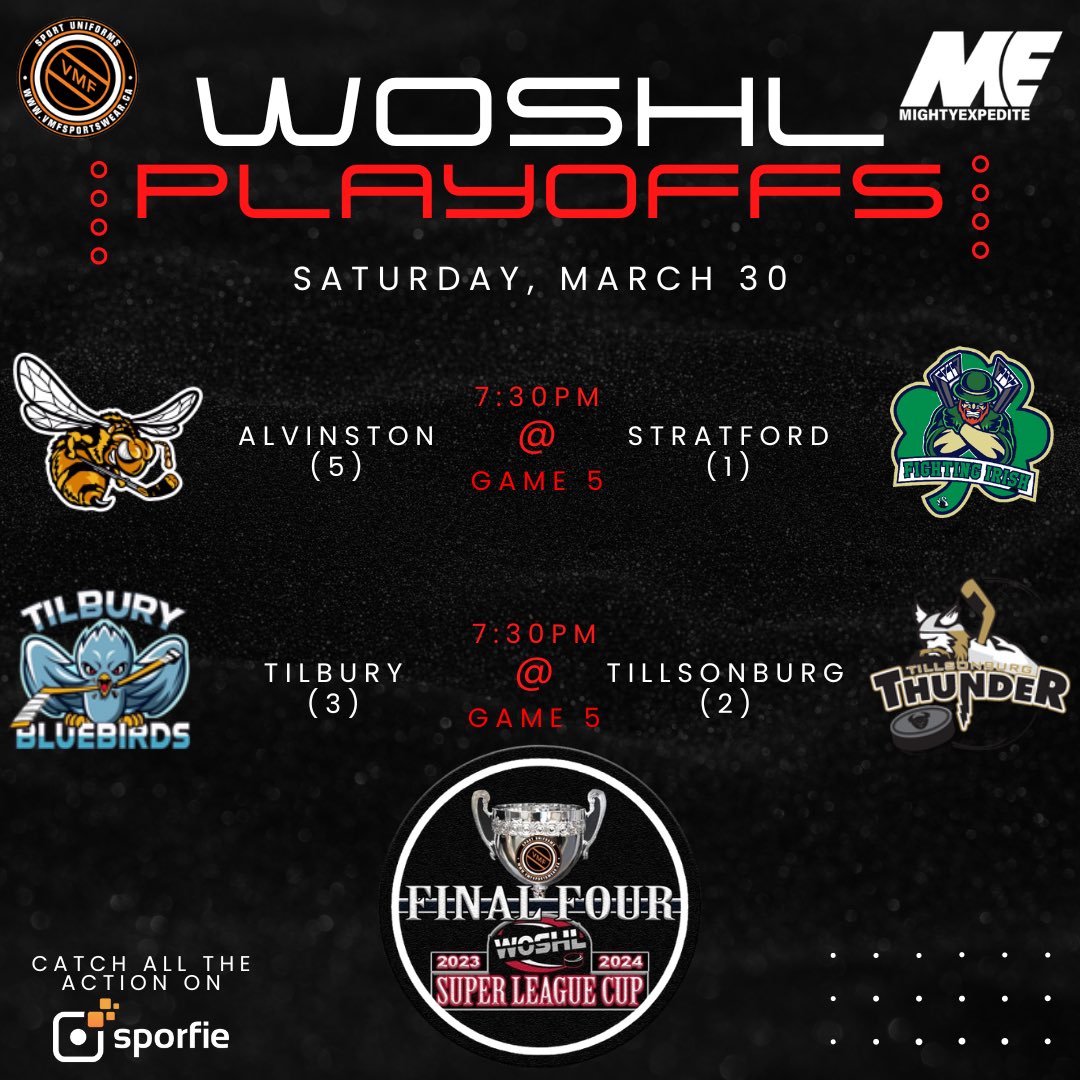 OSHL_official's tweet image. SATURDAY SLATE

A pair of Game 5s tonight to give you your WOSHL fix during Easter Weekend!
Both series tied 2-2!

#WOSHL #SuperLeague #OSHL #WOSHLplayoffs #FinalFour #519sports #HappyEaster