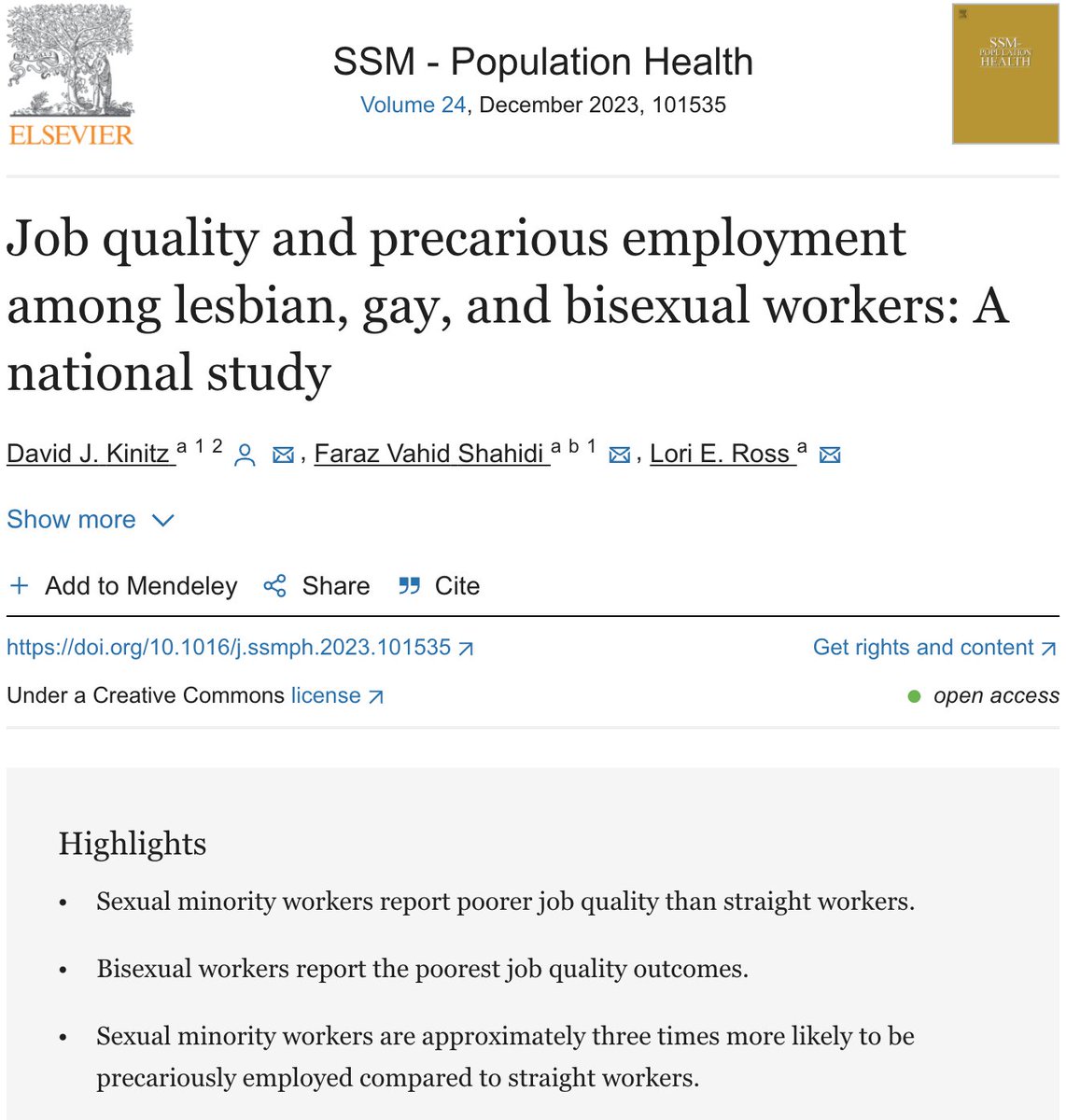 Lesbian, gay & bisexual workers are 3x more likely to be precariously employed. Overqualified, low career prospects & incomes, discrimination & harassment, part-time & irregular/contracts are common; bi workers face the poorest outcomes. #SDOH #LGBTQ Check out our OA article!