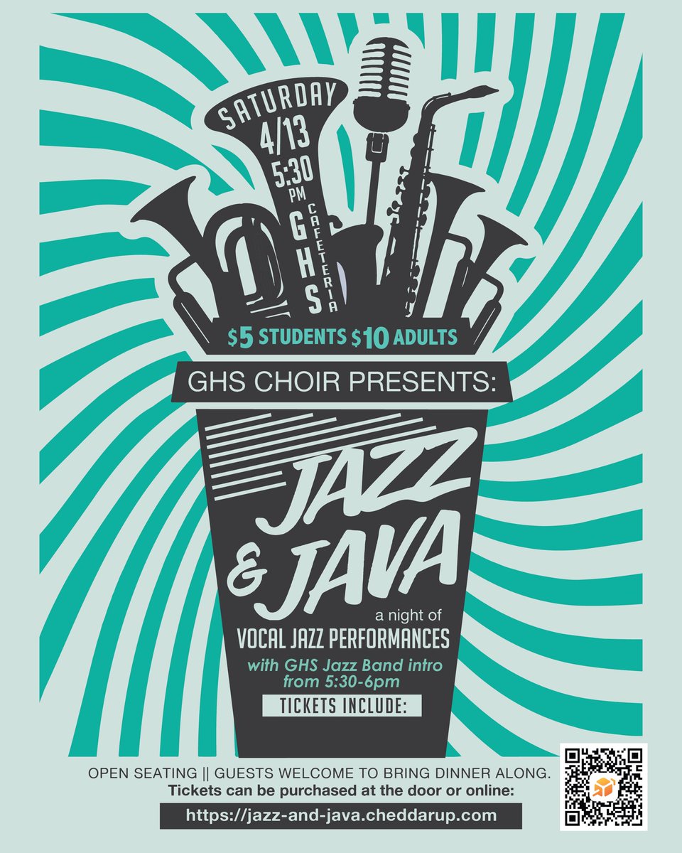 Dana Willard (@danawillard) on Twitter photo Jazz + Java is back! 🎶🍪
Enjoy a treat and listen to great jazz vocals by the GHS Choir 🎶
With special intro music by the GHS jazz band!
Sat 4/13 5:30pm
GHS Cafeteria
$5 Students $10 Adults
Purchase online or at the door :
my.cheddarup.com/c/jazz-and-jav…
<a href="/GHS_choir_/">GHS Choir 🎼</a> <a href="/GISDFineArts/">GISD Fine Arts</a> Jazz + Java is back! 🎶🍪
Enjoy a treat and listen to great jazz vocals by the GHS Choir 🎶
With special intro music by the GHS jazz band!
Sat 4/13 5:30pm
GHS Cafeteria
$5 Students $10 Adults
Purchase online or at the door :
my.cheddarup.com/c/jazz-and-jav…
<a href="/GHS_choir_/">GHS Choir 🎼</a> <a href="/GISDFineArts/">GISD Fine Arts</a>