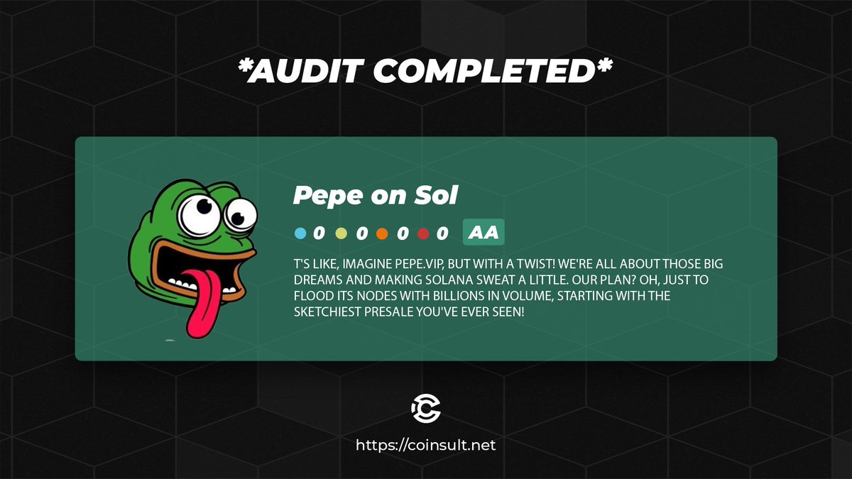 CoinsultAudits's tweet photo. 🔒 AUDIT COMPLETED FOR PEPE ON SOL

🎁 GIVEAWAY: $20 (48 hours)

1⃣ Follow @pepeonsolwtf & @CoinsultAudits 
2⃣ Like + RT this tweet
3⃣ Place a comment 💬

Go check out the full project page of Pepe on SOL 👇
https://t.co/yvtWhMC9Wq