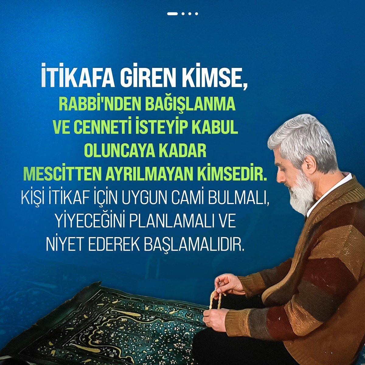 İtikafa giren kimse Rabbinden bağışlanma ve cenneti isteyip kabul oluncaya kadar mescitten ayrılmayan kimsedir. Kişi itikaf için uygun cami bulmalı, yiyeceğini planlamalı ve niyet ederek başlamalıdır.

Vakit itikafVakti