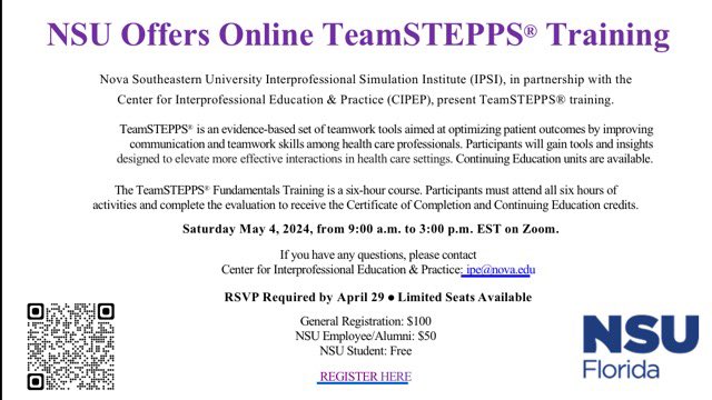 The NSU Interprofessional Simulation Institute in collaboration with the Center for Interprofessional Education and Practice is offering TeamSTEPPS® Online! 

Saturday, May 4

Register Now! 

reg.learningstream.com/reg/event_page…