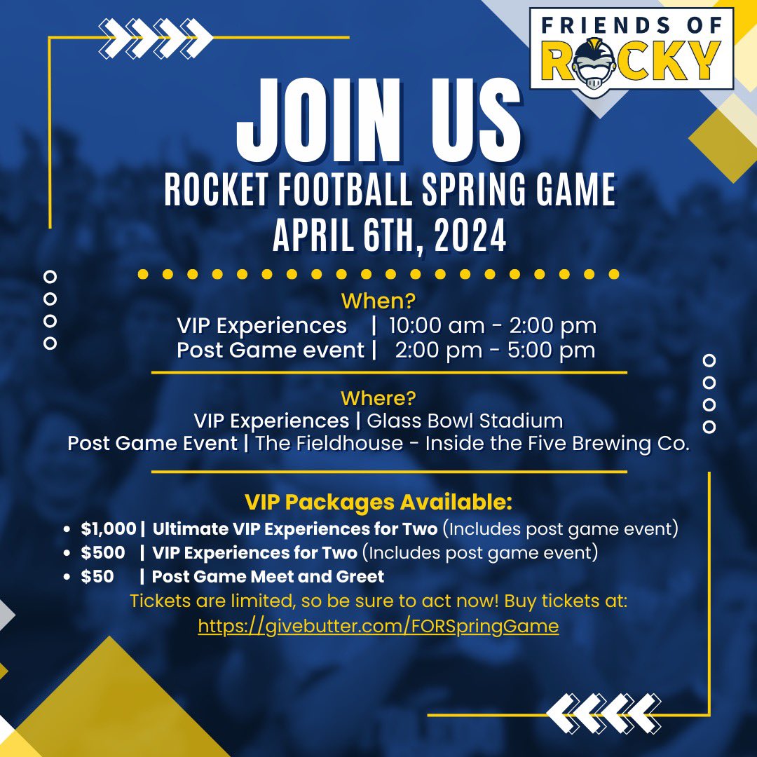 Spring Football is here!! 🤩🏈 Join us at Glass Bowl Stadium for the @ToledoFB Spring Game on April 6. Exclusive VIP Experience packages are available, including a meet and greet event after the game with UT Football Alumni. Get tickets here: givebutter.com/forspringgame