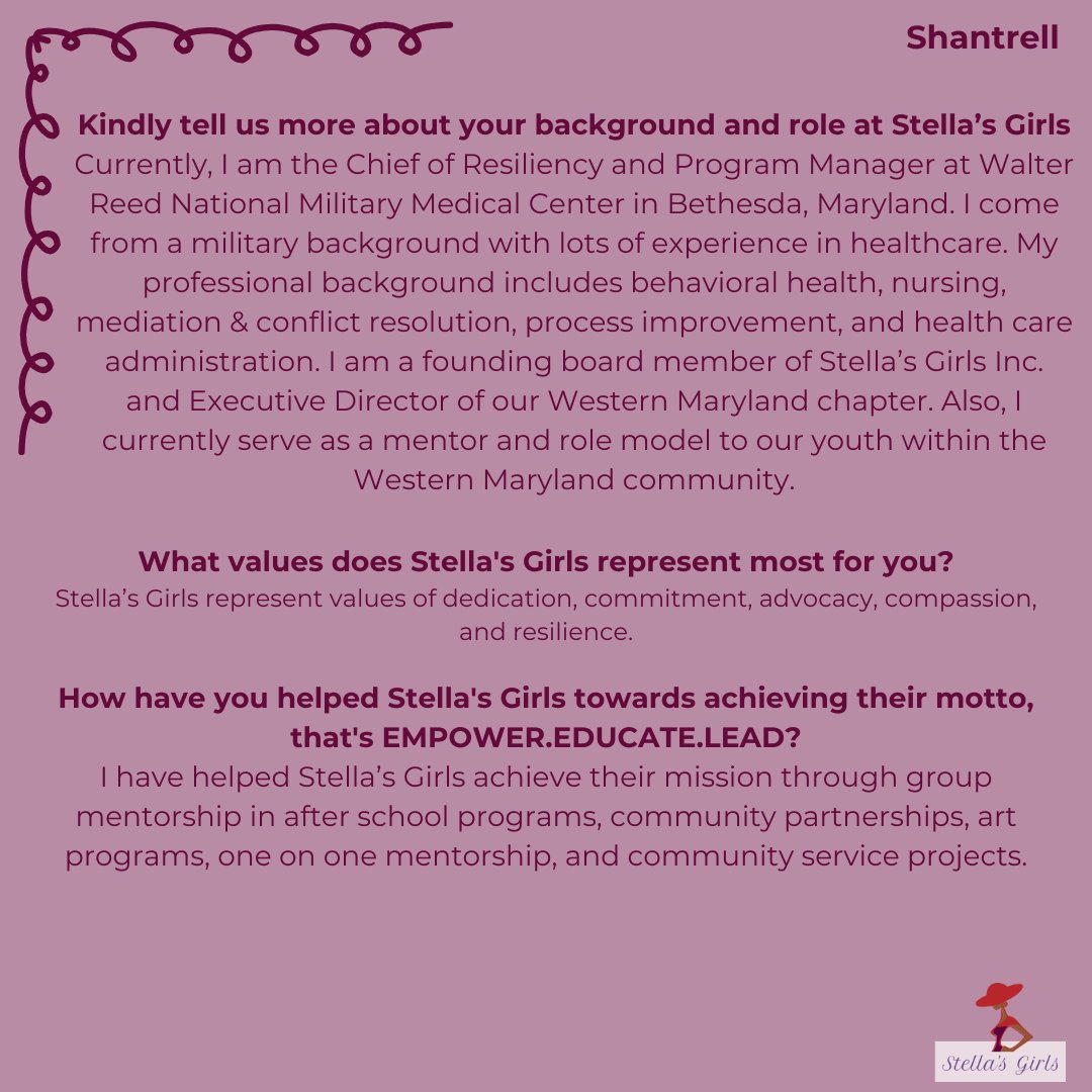 ❤️💜#MeetTheTeam #EmpowerYouth #CommunityLeaders #MentorshipMatters Meet Shantrell! 🚀✨Let's give a big shoutout to Shantrell, a founding board member & ED of our Western Maryland chapter, Shantrell's commitment to #StellasGirls mission is unwavering!