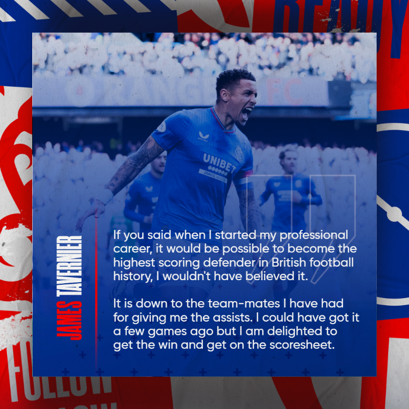 RangersFC's tweet photo. 🎙️ James Tavernier insists it’s beyond his wildest dreams to make history by becoming the UK’s highest scoring defender ever in the 3-1 win over Hibernian.

Read More from James ⤵️