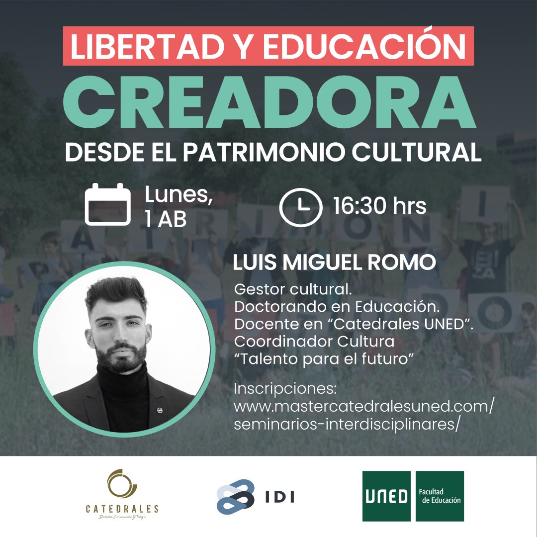 ¿Dónde está el germen de las #EscuelasCreadoras en la era postdigital? ¿Qué relación guardan con la #EducacionPatrimonial? 
🗓️ Lunes, 1 de abril 
⏰ 16:30 
📲 Inscríbete en docs.google.com/forms/d/e/1FAI… 
#CatedralesUNED #MasterCatedrales