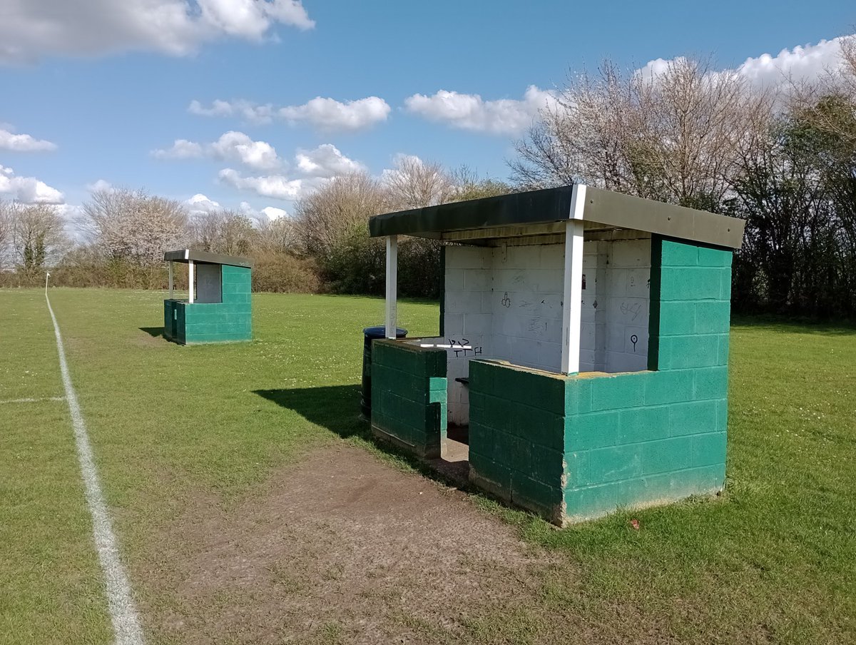 Football in a field Saturday today in Litlington Cambs as the village side lose 2 -5 to promotion hunting Thurlow FC in Cambs League 1a. Just look at those dugouts!