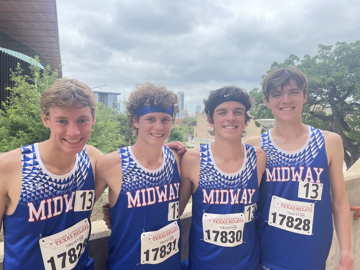 Congratulations to Zander Lee, Caleb McCarver, Jack Reinhardt, and Jack Sterrett 11th place in the 4x800 at the Texas Relays! 8:01.83 (that’s 16 seconds faster than their last race)💙❤️🎉 @MidwayHS