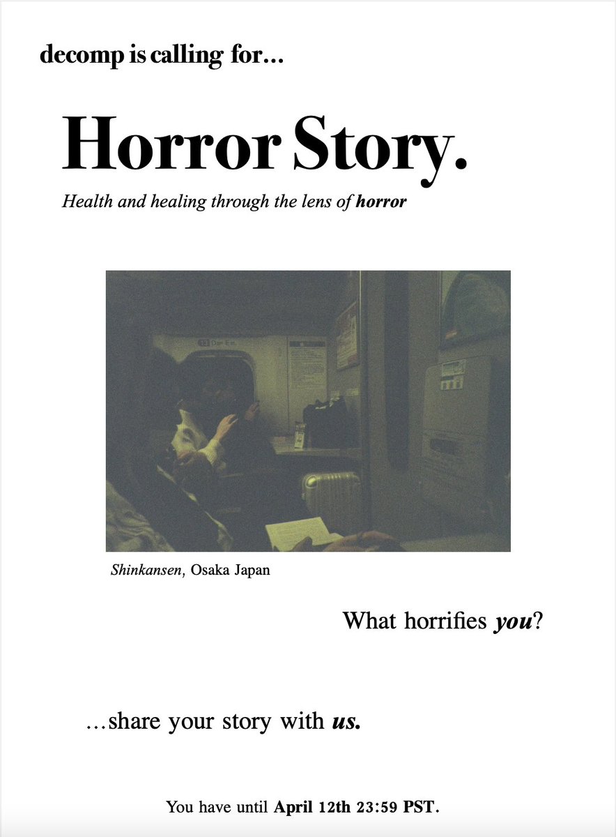 decompjournal's tweet image. decomp journal is now accepting unpublished submissions (of a wide-range of mediums) for its 7th themed e-zine “Horror Story: Health and Healing Through the Lens of Horror”

Submission Deadline: Friday April 12th, 2024, 23:59 PST

For more visit: decompjournal.com/submitzine7