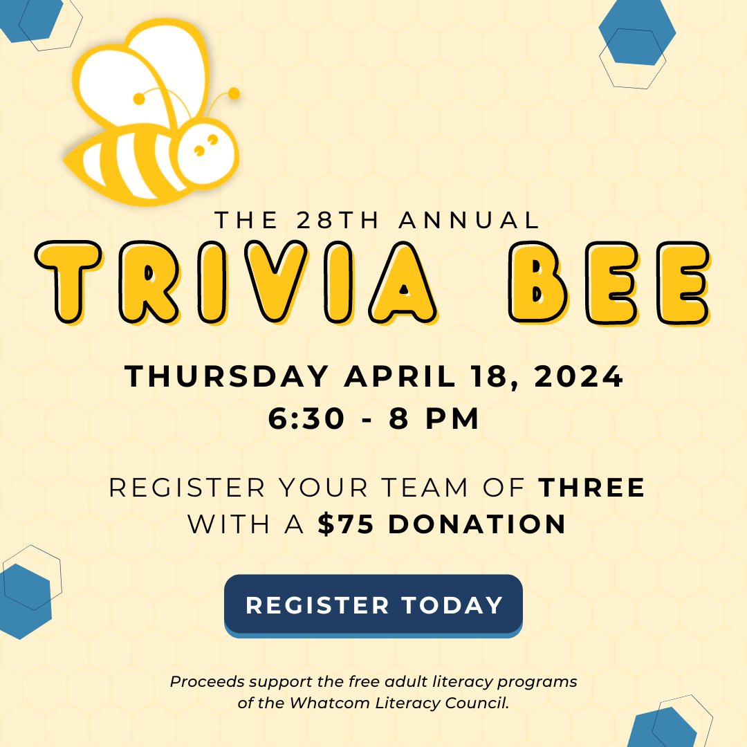 WhatcomLiteracy's tweet image. Our annual Trivia Bee is just a couple weeks away, don&apos;t forget to register your team to take part in the fun!