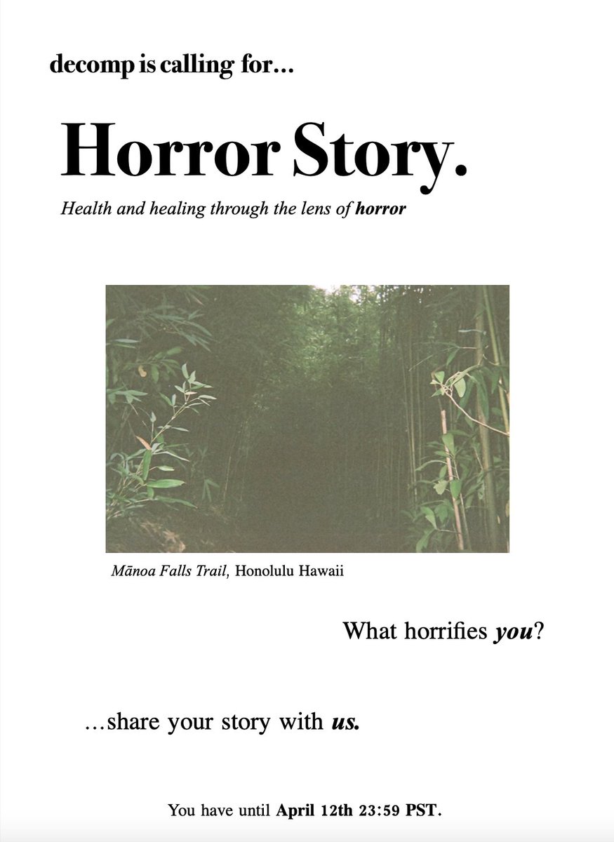 decompjournal's tweet image. Who is allowed to be healthy and at whose expense? How might a medical check-up feel routine for some, and for others, horrific? 

Can horror offer a complex site of healing, cultural production, and empowering social commentary?

Submit to our ezine at:  decompjournal.com/submitzine7