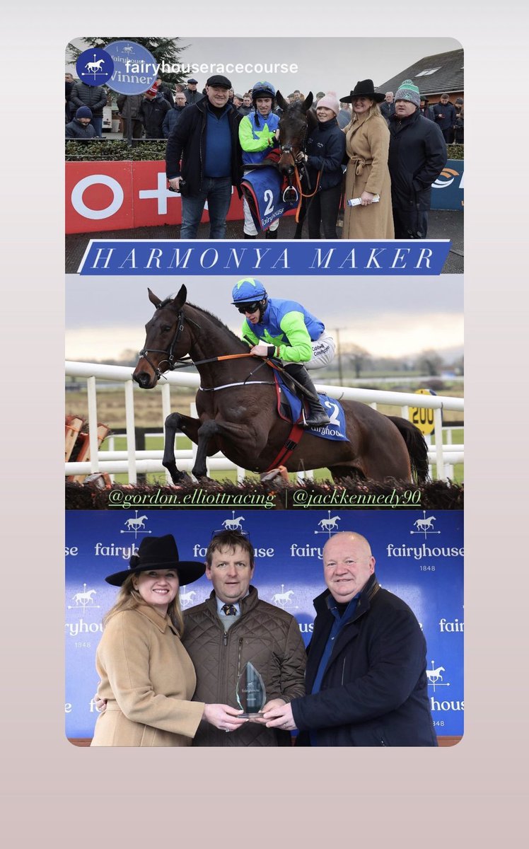 Today was Harmonya Makers last run and will now start a new chapter #mummytobe She’s been a wonderful mare and gave me my biggest win so far #grade2. Thanks to everyone @gelliott_racing and especially Gordon. Thanks also to @PeterRoe1 @fairyhouse and you know why 😎