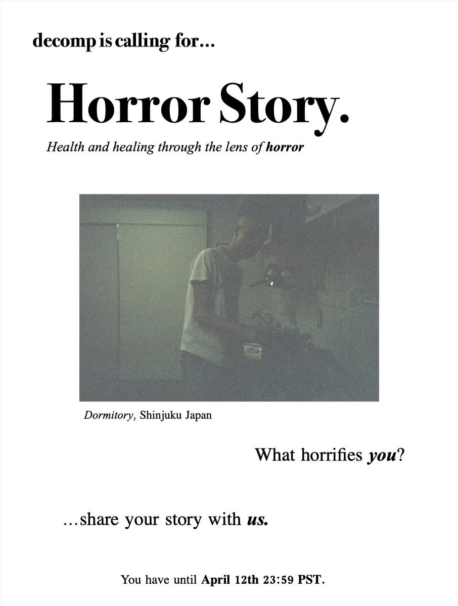 decompjournal's tweet image. Horror storytelling is a powerful epistemological tool to understand how we source individual and communal wellness, and how we can make powerful critiques that speak back to systems of oppression that have deadly health consequences. 

Share your story: decompjournal.com/submitzine7