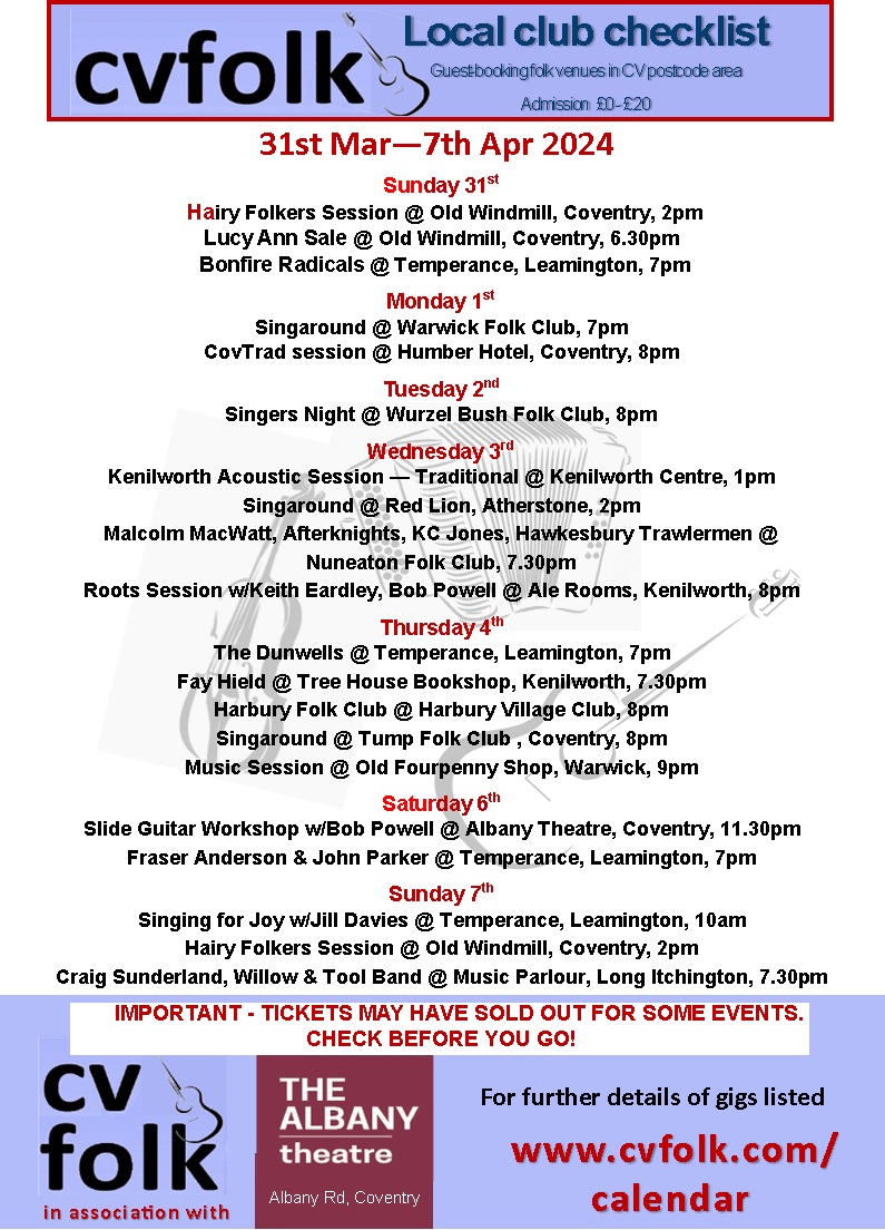 List of events on the #Coventty and #Warwickshire #folk circuit this coming week. #folkclub