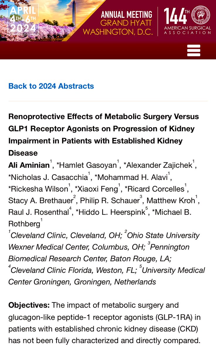 Bariatric Surgery 🆚 GLP1-RA to Protect Failing Kidney? Findings will be presented on April 4th at the @AmerSurg #AmerSurg meeting.