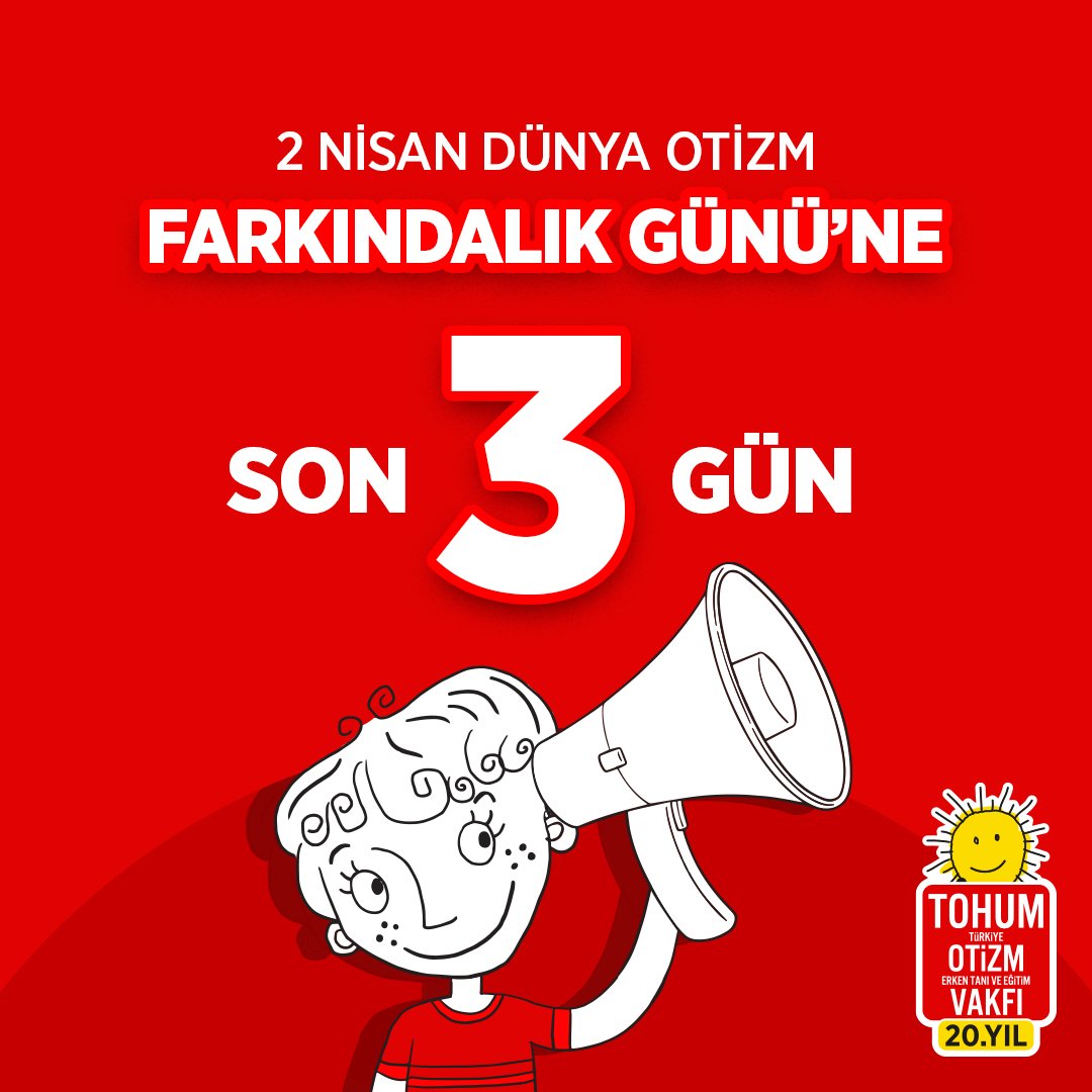 2 Nisan Dünya Otizm Farkındalık Günü'ne 3 gün kaldı! 🎉 2 Nisan'da herkesi kırmızı ışık yakmaya davet ediyoruz❤️ Ajandalarınıza kaydetmeyi unutmayın! 📕 #otizmekırmızışıkyak #2nisanotizmfarkindalikgünü #tohumotizmvakfı