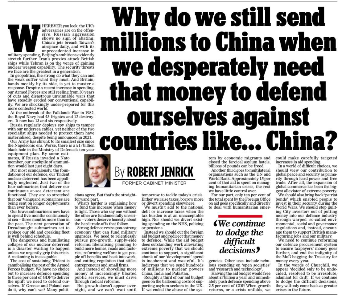 With threats only growing, we must significantly increase defence spending. But money can’t be magicked up so we must divert spending from elsewhere. Until we’re confident in our ability to defend ourselves, we should direct half the aid budget to defence. Me in @MailOnline ⬇️