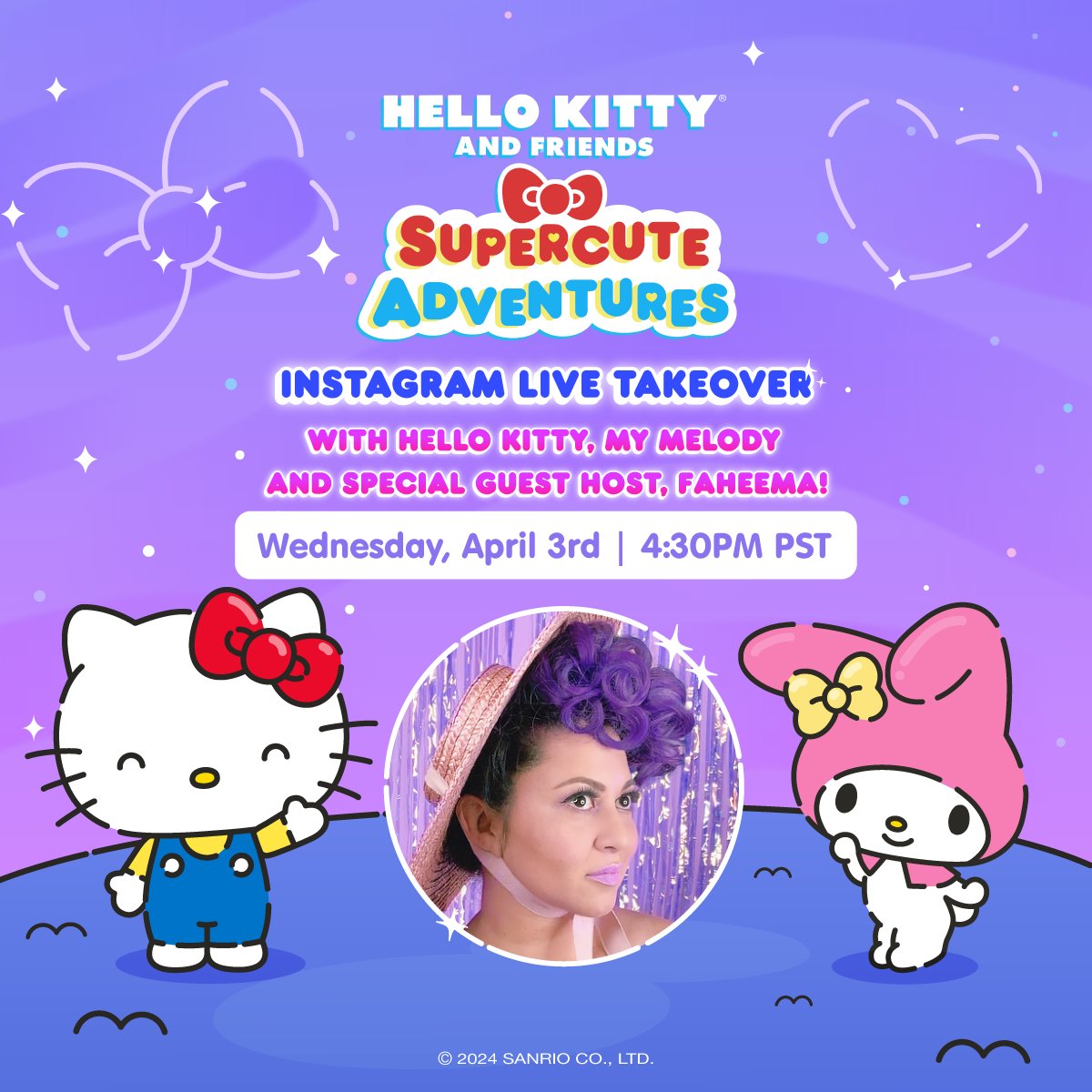 Mark your calendars! 🗓️ Join us on Instagram LIVE to celebrate the Season 9 premiere of Hello Kitty and Friends Supercute Adventures on Wednesday, April 3rd at 4:30pm PST 💜