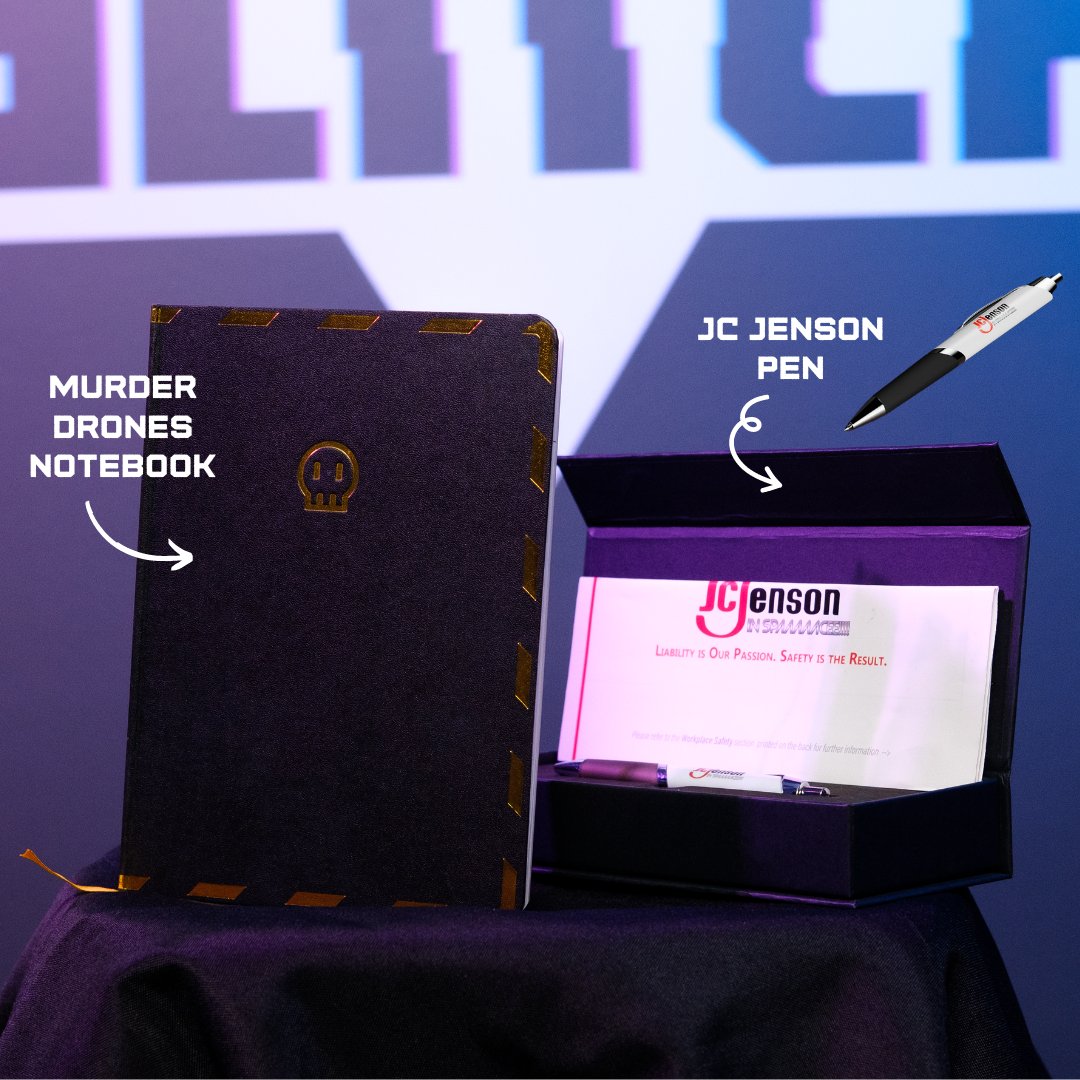 J IS FINALLY A PLUSH in this Corporate Hell Merch wave! Finally. To accompany her we have, Doll as an Animatez figurine, J + V keychains, a golden trim Murder Drones notebook AND the very much asked for JC Jenson Pen from the pilot, as a working pen!