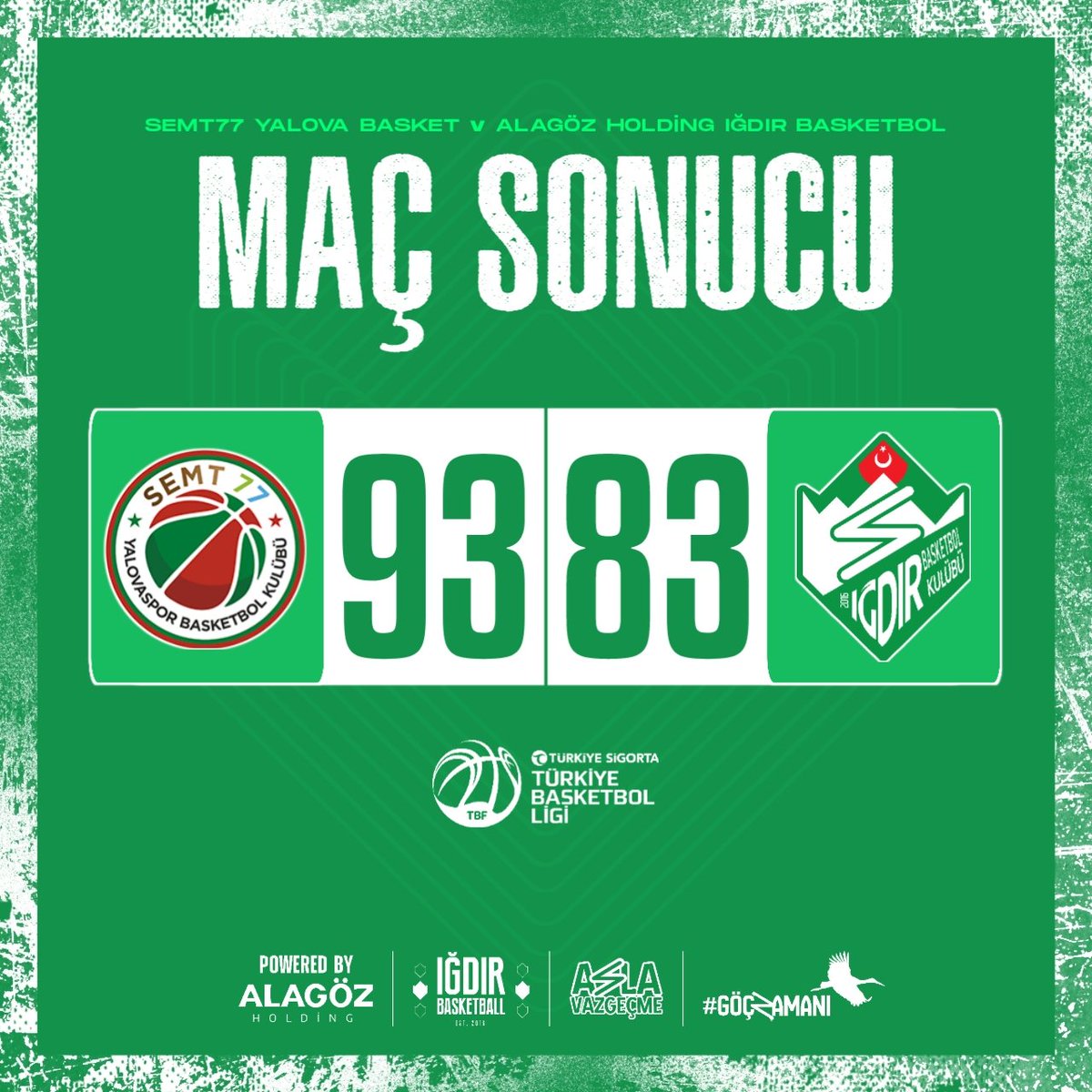 alagozigdirbk's tweet photo. 🏀 Maç Sonucu | Semt77 Yalova Basket 🆚 Alagöz Holding Iğdır Basketbol : 93-83

#GöçZamanı https://t.co/otQppZYq1w