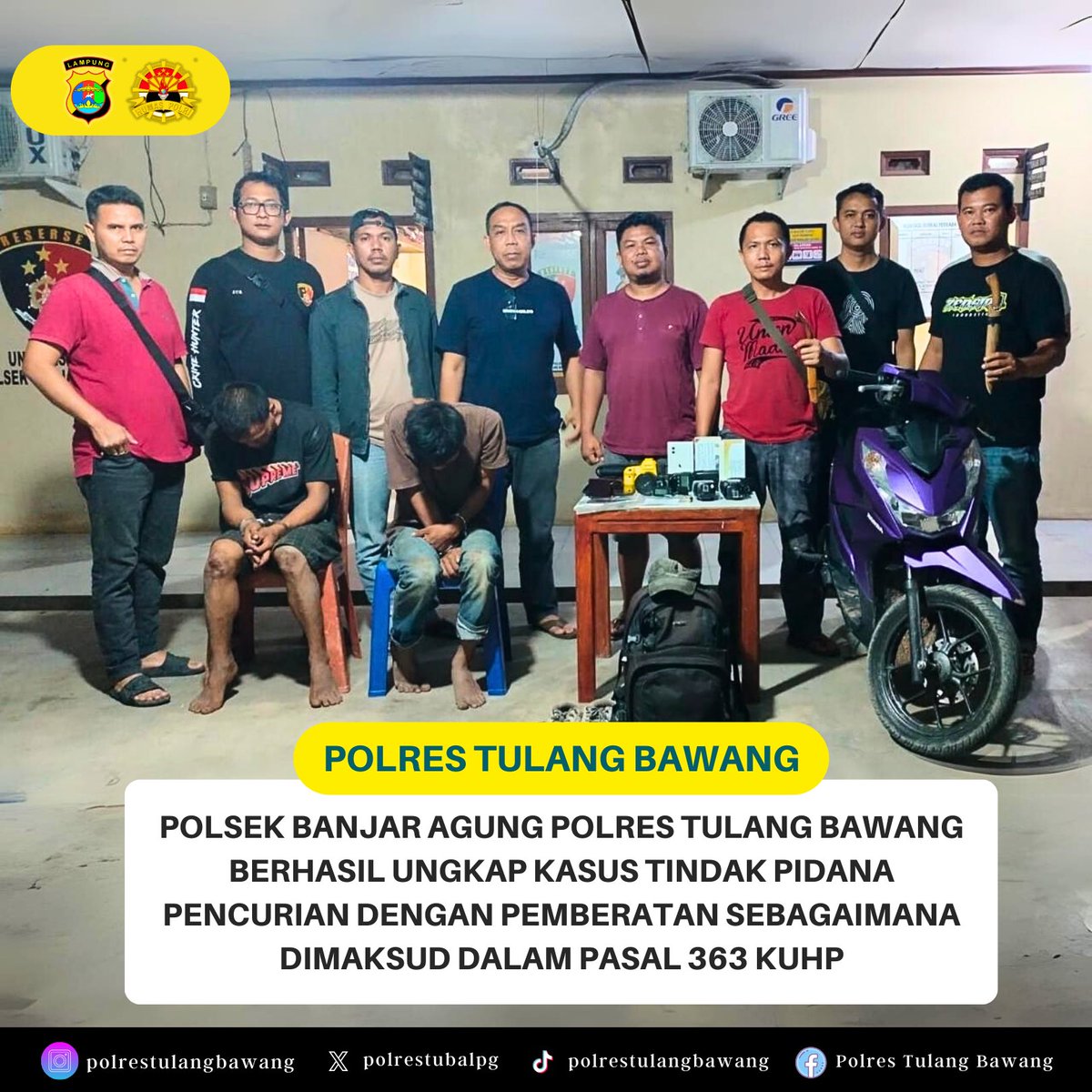 polrestubalpg's tweet photo. Polsek Banjar Agung Tangkap Dua Pelaku Spesialis Curat Rumah, Kompol Taufiq: Para Pelaku Berasal Dari Mesuji Timur
#kapolrestulangbawang #akbpjames #tulangbawang #pemilu2024 #polrestubapresisi #saibuminengahnyapur #poldalampung #PolriPresisi #polisiindonesia #ungkapkasus #curat https://t.co/KB93dVt9HO