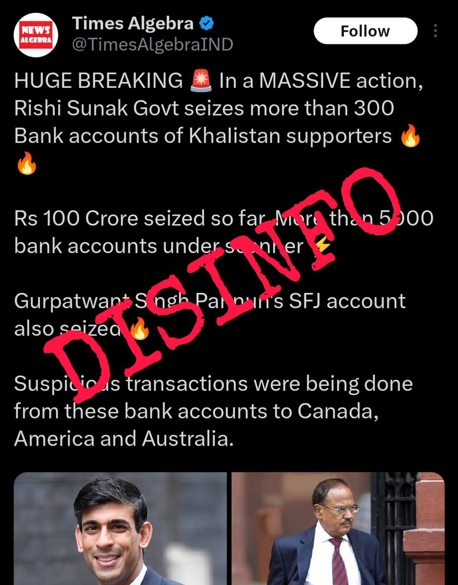DISINFO | A major Indian Twitter account falsely claimed that the UK seized bank accounts belonging to "Khalistan supporters." The disinfo has over 2 million impressions &amp; was amplified by the BJP IT cell. @TimesAlgebraIND is known to spread disinfo &amp; sensationalized "news".