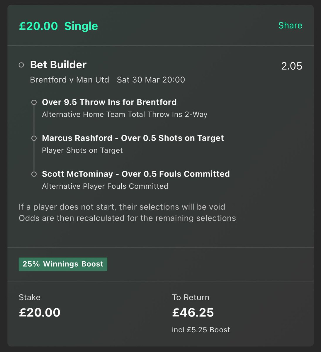 ⚽️ Premier League Bet Builder

📍 Brentford v Manchester Utd
⏰ 20:00
📚 bet365

💰 £10 returns £23.12
🤑 £20 returns £46.25

£20 staked on all my bet builders this season has returned £1,151.61 profit ✅

LIKE ❤️ if you’re on this with me!
