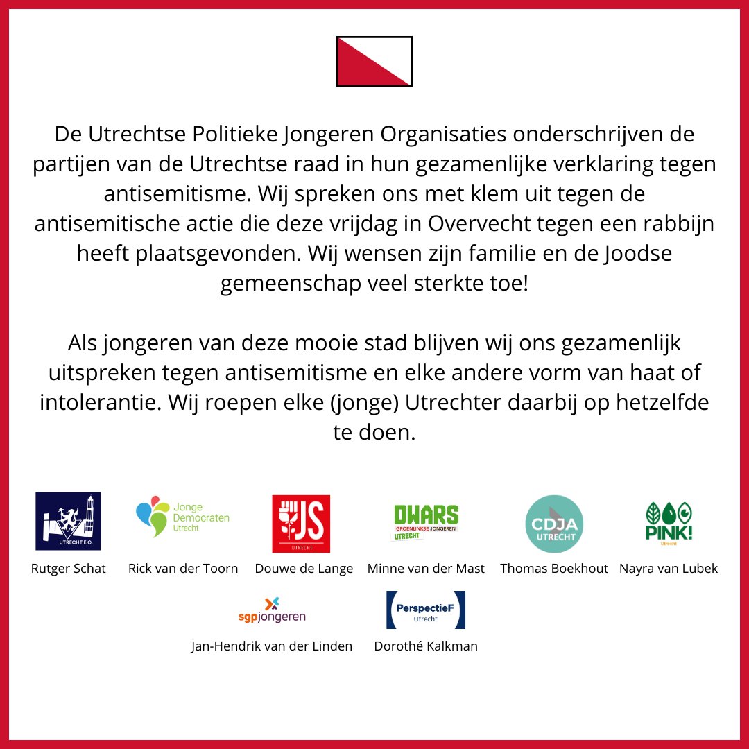 De Politieke Jongeren Organisaties van #Utrecht komen, in navolging van de <a href="/RaadUtrecht/">Gemeenteraad Utrecht</a>, met de onderstaande gezamenlijke verklaring tegen #antisemitisme⤵️

<a href="/JDUtrecht/">JD Utrecht</a> <a href="/jsutrecht/">JS Utrecht</a> <a href="/DWARSUtrecht/">DWARS Utrecht</a> <a href="/sgpjprovutrecht/">SGP-jongeren prov. Utrecht</a> <a href="/CDJAUtrecht/">CDJA Utrecht</a> <a href="/PerspectieF030/">PerspectieF Utrecht</a> #Overvecht
