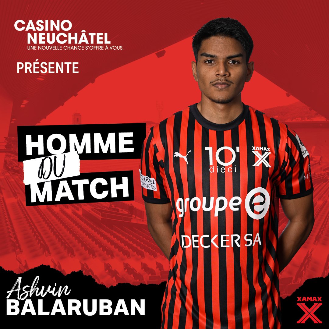XamaxFCS_DE's tweet photo. Ihr habt Ashvin Balaruban zum Mann des Spiels gegen den FC Schaffhausen gewählt. Präsentiert von @CasinoNeuchatel 😍🔴⚫👏
#SangRougeNoir #XAMFCS https://t.co/DiJAU8DvB3