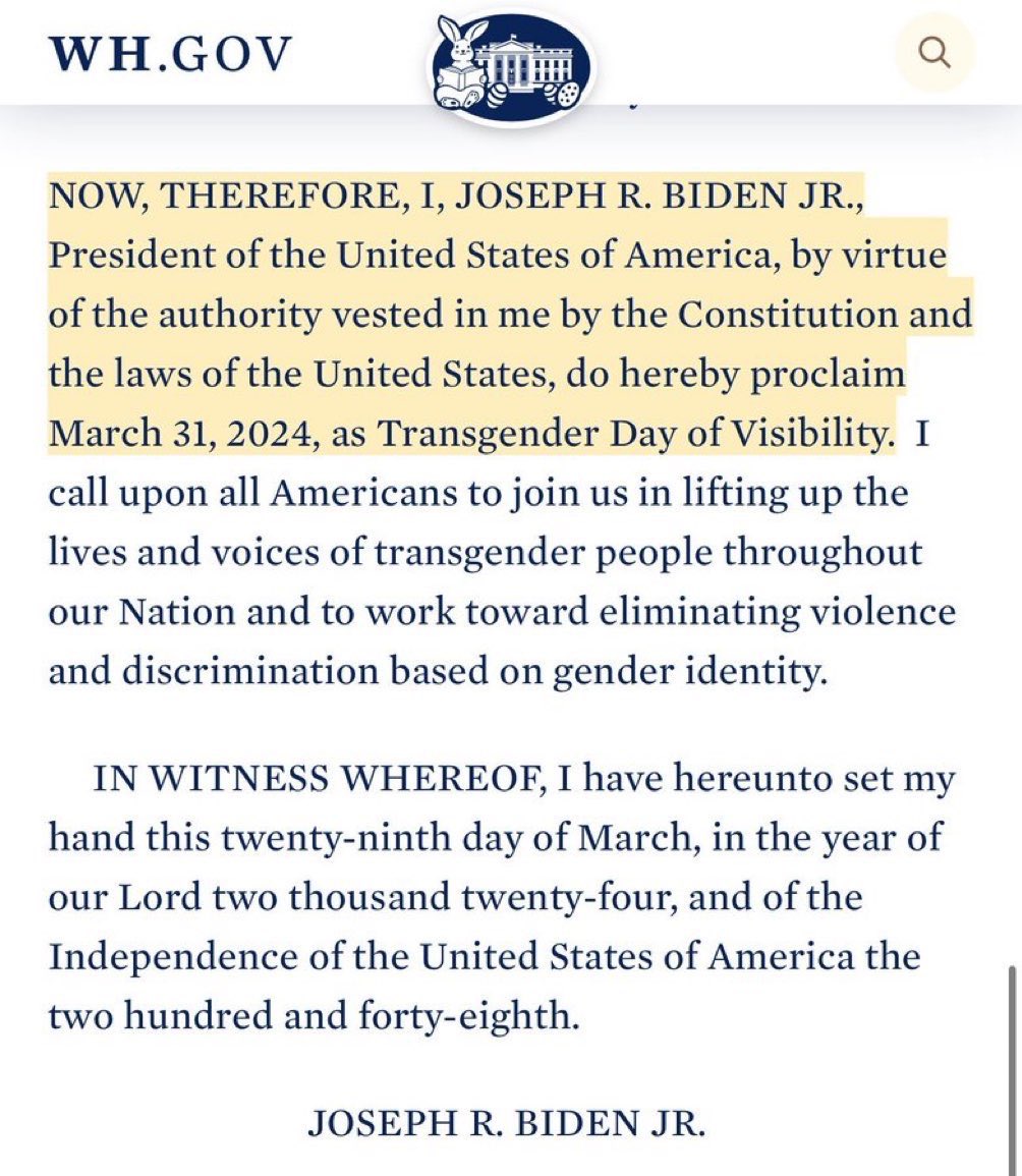 On the Biden trans thing. A few thoughts (#4 is the most relevant one): 1: This is deplorable, and... 2: The timing (Resurrection Sunday) is deliberate, and it's meant to offend christians. But before you react, know that... 3: It's bait. They'd love nothing more than stoke