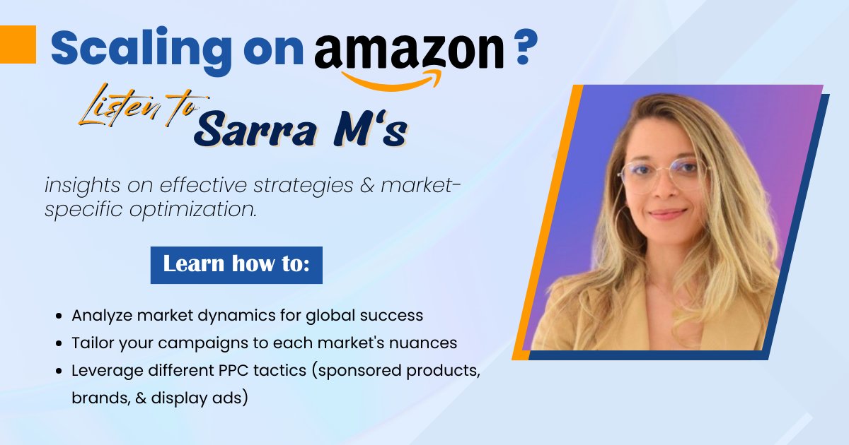 InfoMbcom's tweet image. Scaling on Amazon? 📈🌟 

Listen to Sarra M&apos;s insights on effective strategies &amp;amp; market-specific optimization. 💡

In this episode, Amazon expert Sarra shares her PPC advertising expertise!

Watch the expert podcast 👇 

[link in comment]

#AmazonOptimization #AmazonTranslation